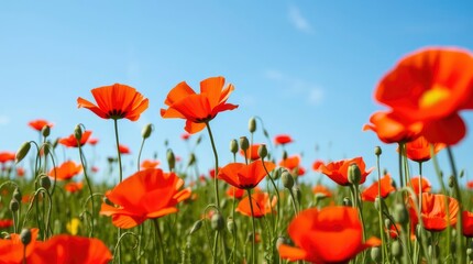 Vibrant field of red poppies dances under a clear blue sky, creating a warm and inviting atmosphere.