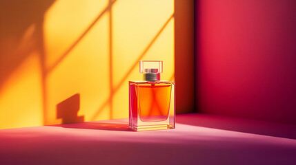 Amber Perfume Bottle in Warm Light on Pink and Orange Background