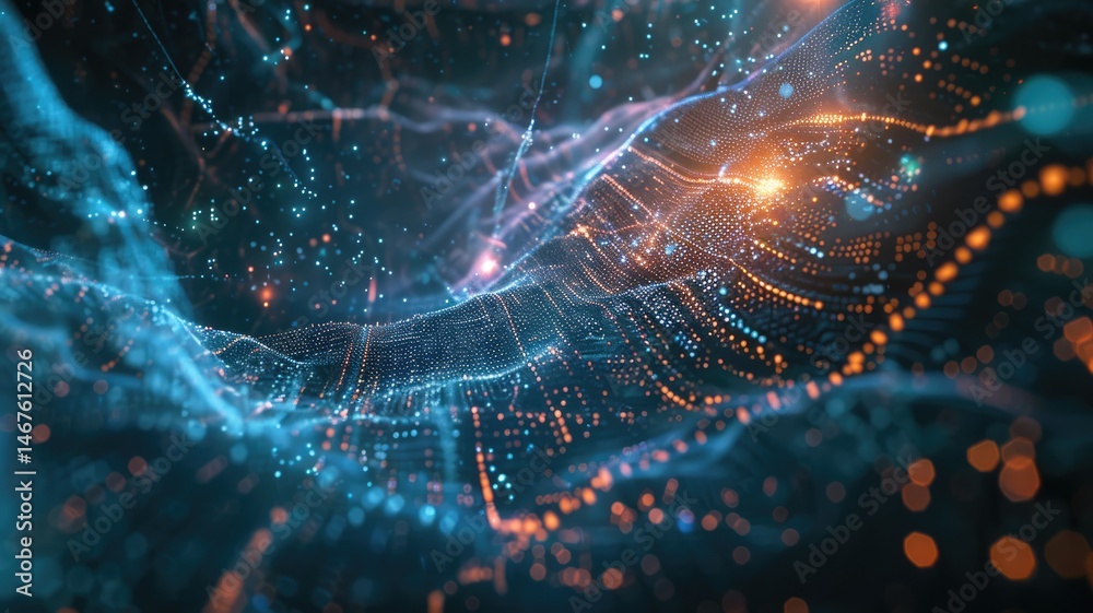 Poster abstract art of digital network with glowing nodes and colorful lights. digital artwork of glowing n