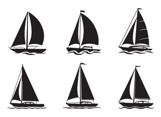 A set of black silhouette sailing boat icons, perfect for nautical or marine-themed design projects.