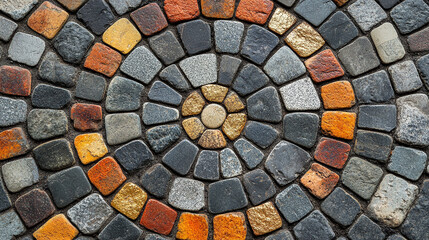 Close-up of a vibrant stone mosaic with gold accents, showcasing rich textures and colors. Symbolizes cultural heritage, craftsmanship, and artistic unity through intricate geometric composition.

