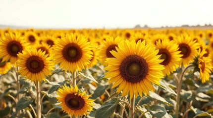 Fototapeta premium A picturesque sunflower field on a sunny day conveys a sense of warmth and rural summer beauty.