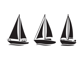 A set of black silhouette sailing boat icons, perfect for nautical or marine-themed design projects.