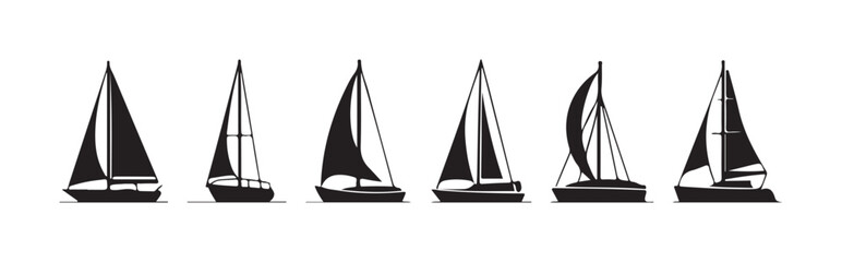 A set of black silhouette sailing boat icons, perfect for nautical or marine-themed design projects.