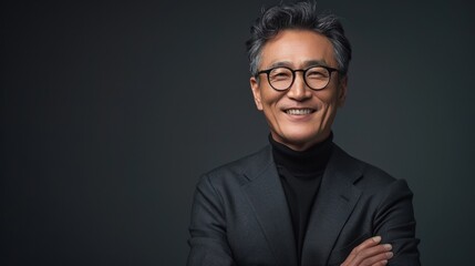 Obraz premium Smiling older man in glasses with arms crossed confidently.
