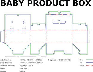Detailed die-cut template of a baby product box packaging with dimensions and measurement information for design purposes.
