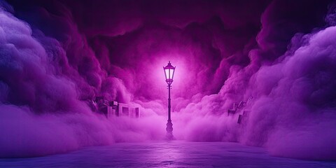 Fototapeta premium A majestic glowing street lamp illuminated in a sea of purple clouds surrounding abstract architecture at night.