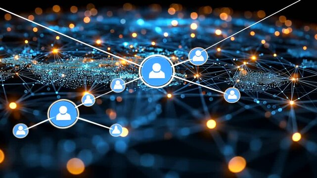 User icons linked in a network, floating above a glowing digital grid, depicting online connections and data flow