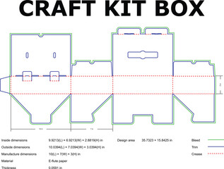 Detailed technical outline and construction of a craft kit box design with dimensions and material specifications shown