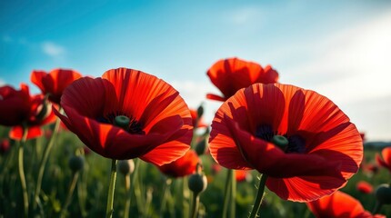 Obraz premium Close-up of vibrant red poppy flowers in a field, bathed in golden light with a serene blue sky.