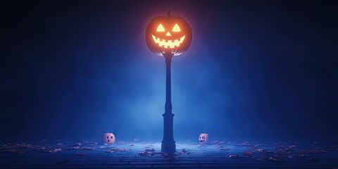Spooky halloween scene featuring a glowing jack o' lantern lamp post in a mystical night setting