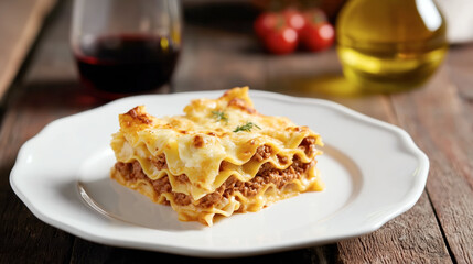 Lasagna slice on white ceramic plate with wine and olive oil in background