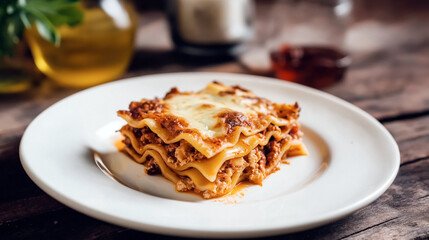 Rustic lasagna slice with browned cheese on white plate, soft focus kitchen background