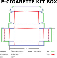 Detailed schematic diagram of an e-cigarette kit box packaging design with dimensions and specifications