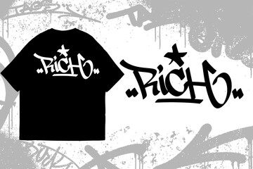 Naklejka premium Graffiti tag text “Rich” on t-shirt mockup. Urban street art style, bold hand lettering, spray paint texture. Perfect for streetwear, edgy fashion, and apparel designs. 