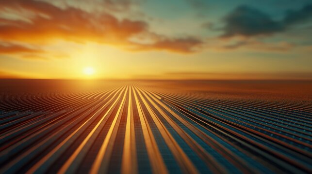 Vibrant sunset over horizon with parallel lines extending forward.