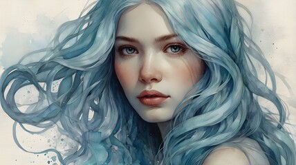 Fototapeta premium Dreamy line art of a serene woman with blue flowing hair and soft aqua watercolour waves, evoking peace, fluidity, and calm in a tranquil, artistic composition