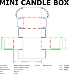 A detailed template layout for a miniature candle box including measurements and specifications for manufacturing.