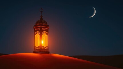 Fototapeta premium Glowing lantern stands atop a sand dune under a crescent moon in the dark desert night.