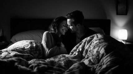 Romantic couple cuddling in bed, enjoying a cozy evening