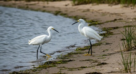 Obraz premium Two white egrets by the water's edge