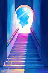 Vibrant stairs ascend towards a bright, abstract sky, creating a surreal and hopeful atmosphere.