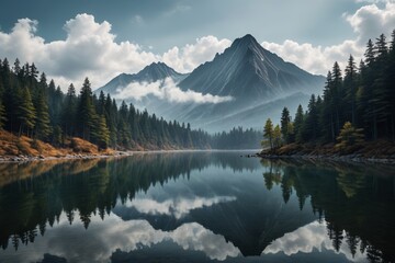 mountains are reflected in the still water of a lake