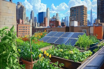 Fototapeta premium Urban rooftop garden with solar panels and city view.