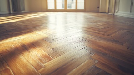 Warm Light and herringbone Wood Floor in an empty Room interior