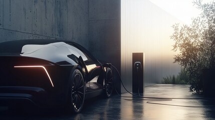 Sleek electric car charging at home station with modern design background