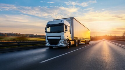 Freight truck driving on a highway during a picturesque sunset landscape