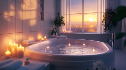 Relaxing bathroom ambiance with sunset view and candlelit spa atmosphere