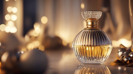 Luxury golden perfume bottle with sparkling cap against bokeh background