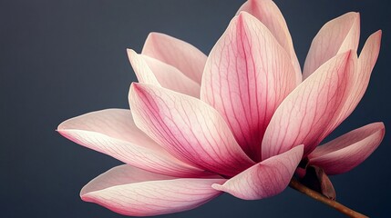 Delicate pink magnolia blossom unfolds against a moody dark backdrop