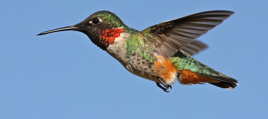 Graceful hummingbird in mid flight above a vibrant flower blossom, showcasing nature s beauty