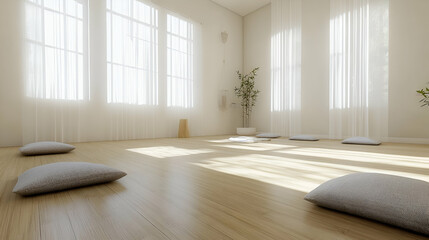 Obraz premium Bright Sunlight in a Serene Yoga Studio with Gray Cushions