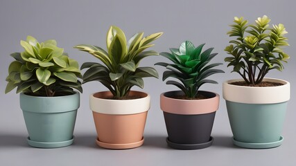 Fototapeta premium Four potted plants with colorful pots home decor Stylish indoor plants for home office