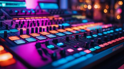 Illuminated DJ Mixing Console with Colorful Lights, Sound Equipment