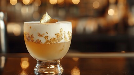 Sophisticated golden cocktail with decorative leaf and foamy top layer