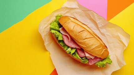 Delicious ham sandwich on craft paper with colorful geometric background