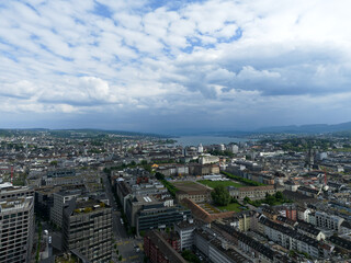 Aerial view of Swiss City of Zurich on a cloudy spring day. Photo taken May 8th, 2025, Zurich, Switzerland.