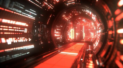 Futuristic tunnel illuminated by red lights for science fiction backdrop