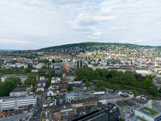 Aerial view of Swiss City of Zurich on a cloudy spring day. Photo taken May 8th, 2025, Zurich, Switzerland.