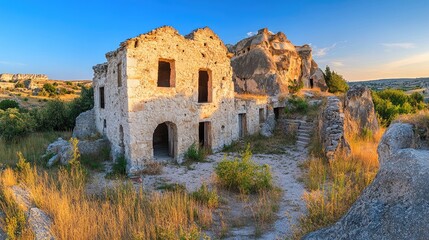 Fototapeta premium Ancient stone dwellings in a sunlit landscape.