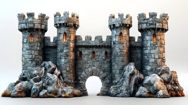 A historical castle with tall stone towers and crenelated walls