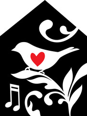 Love song symbol. Bird with heart with house and notes. 