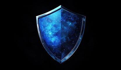  Shield-shaped emblem with cosmic galaxy pattern on black.