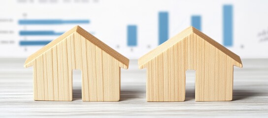 Two small wooden houses on a table, graphs in the background