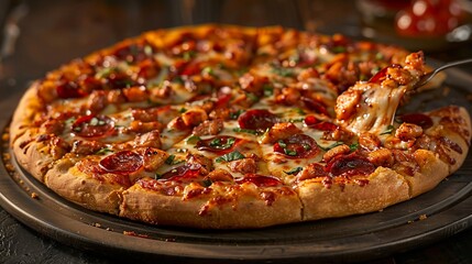 A sliced pizza with chicken, pepperoni, and mozzarella cheese, ready to eat