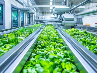 A modern eco-friendly organic vegetable processing line featuring robotic washing and sorting, showcasing a bright clean facility with green highlights.